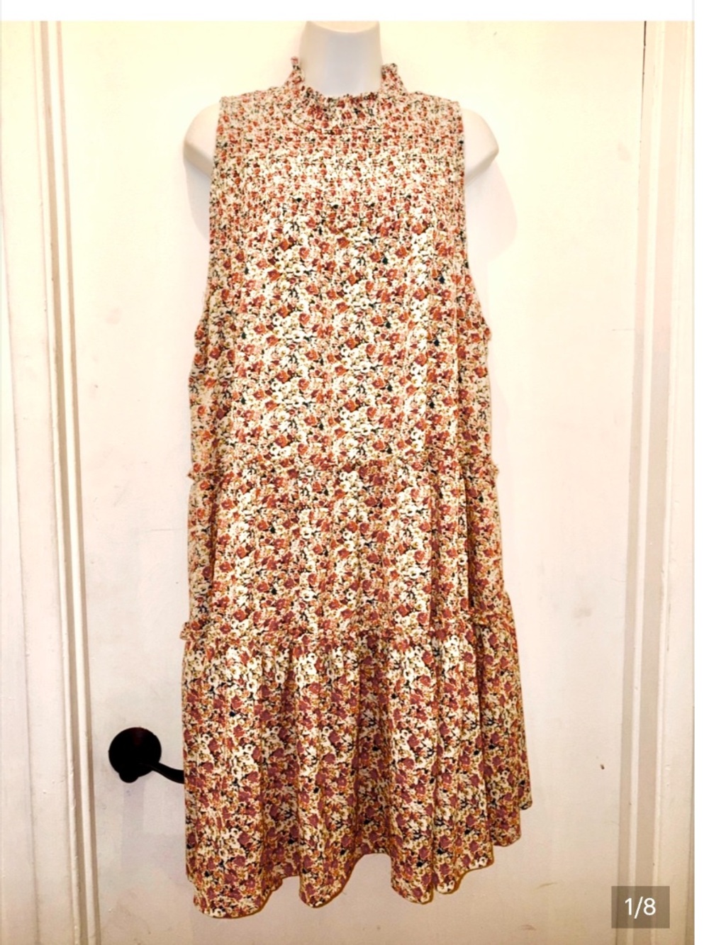 Sleeveless Floral Smocked Neck Tiers Dress - Rust & Cream Liberty love